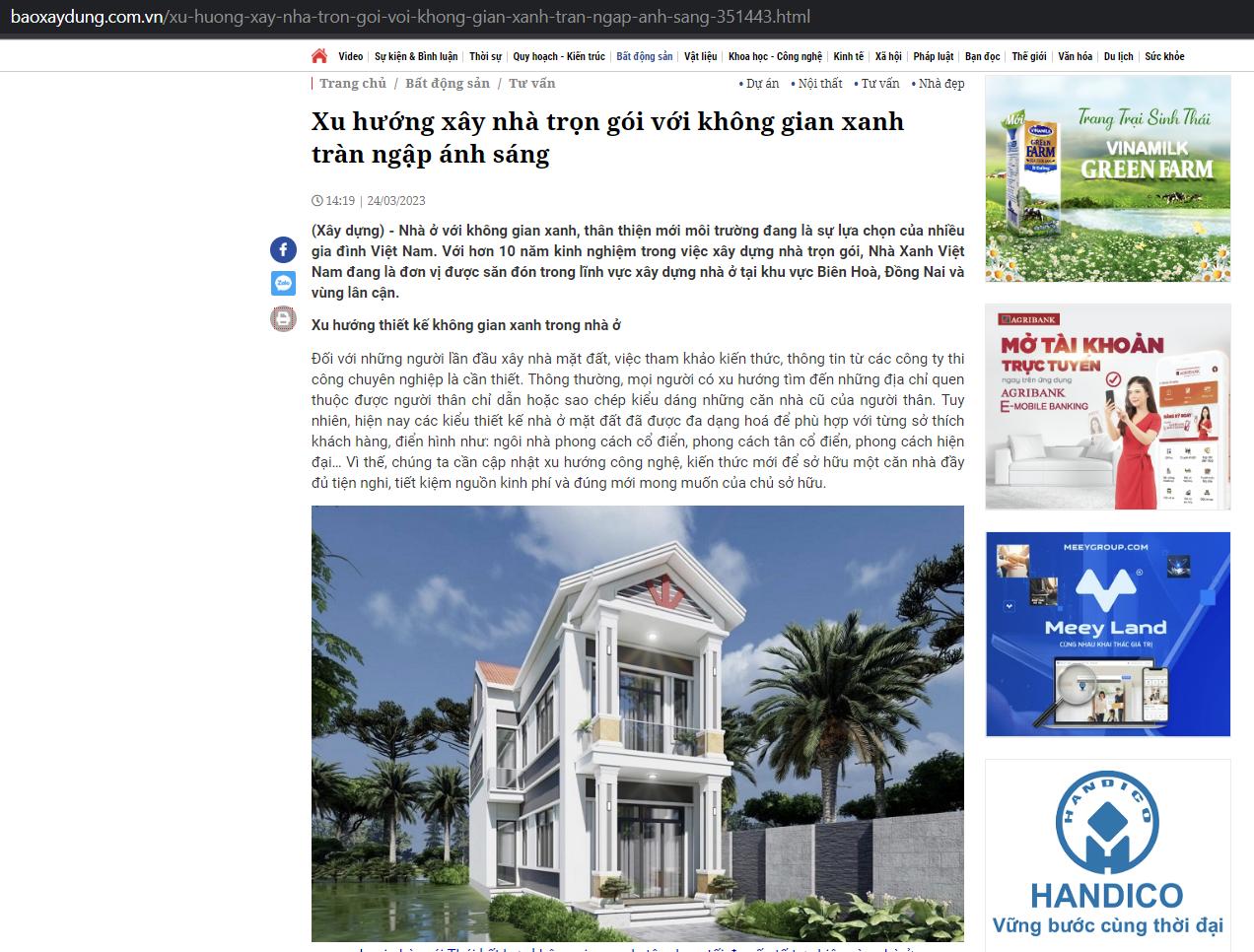 Khách hàng Công ty Nhà Xanh Việt Nam sử dụng dịch vụ Booking Báo chí - Báo Xây dựng